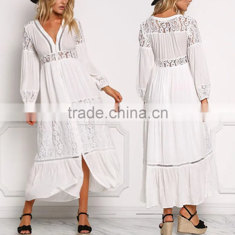 Off White Lace Trim Button Down Maxi Dress Long Frock Design HSd5221