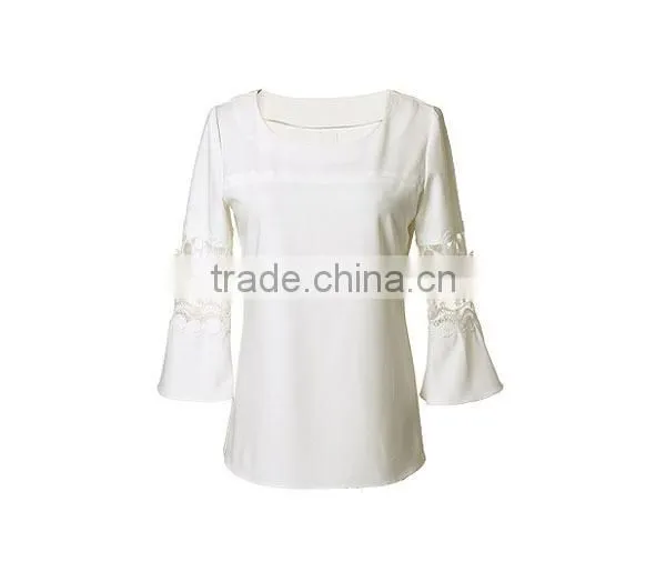 trendy fashion lace sleeve pure white sexy party blouse