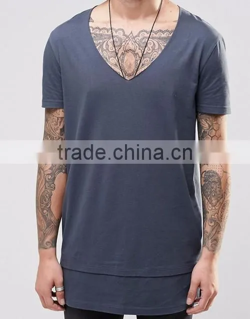 Men fashion street wear hip hop design super longline raw v-neck t-shirt OEM custom