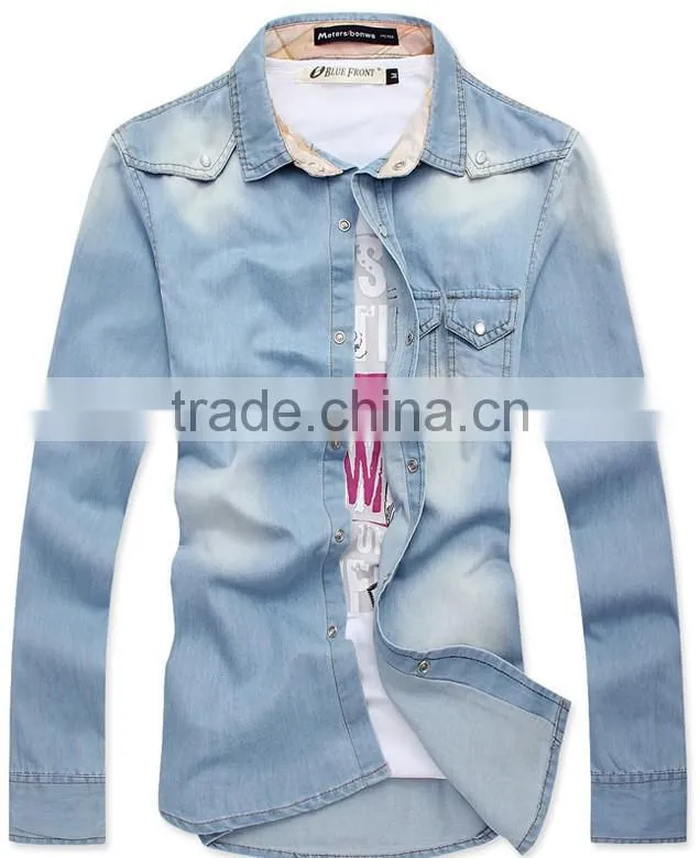 Mens jeans shirt blue new fashion shirt long sleeve slim shirt with snap button