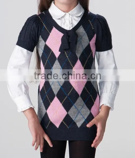 fashion V neck cotton short sleeved girls argyle sweater