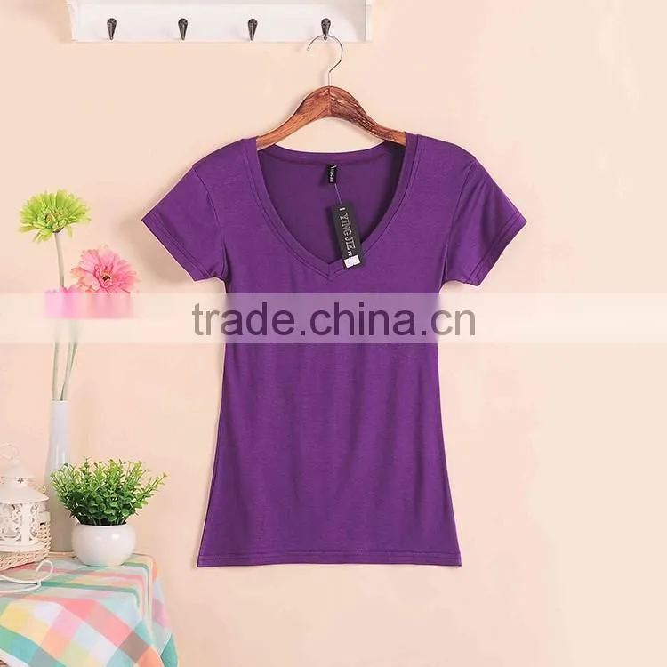 New Fashion Stretch Summer Women T Shirts Ms Solid Color Short Sleeve 100% Cotton v neck t shirt Women's Blank V-Veck T-Shirts