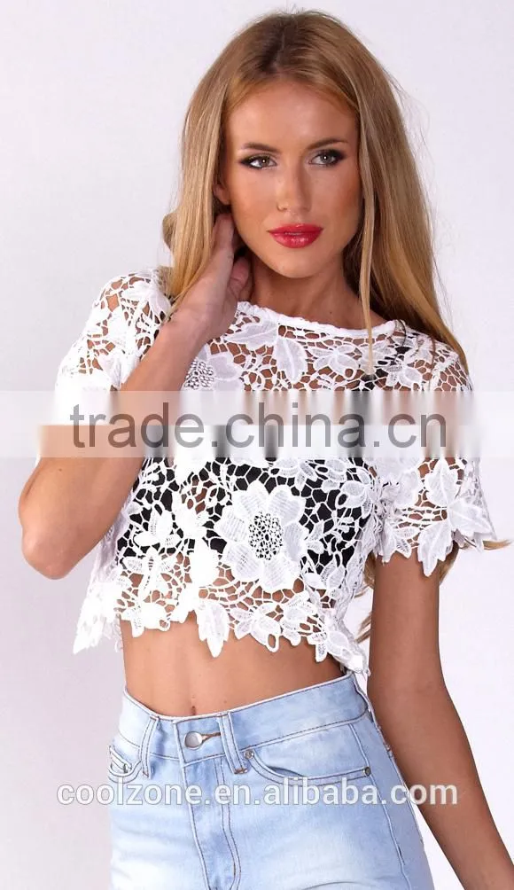 100% Polyester short sleeve round neck crop top,elegant fashion lace top
