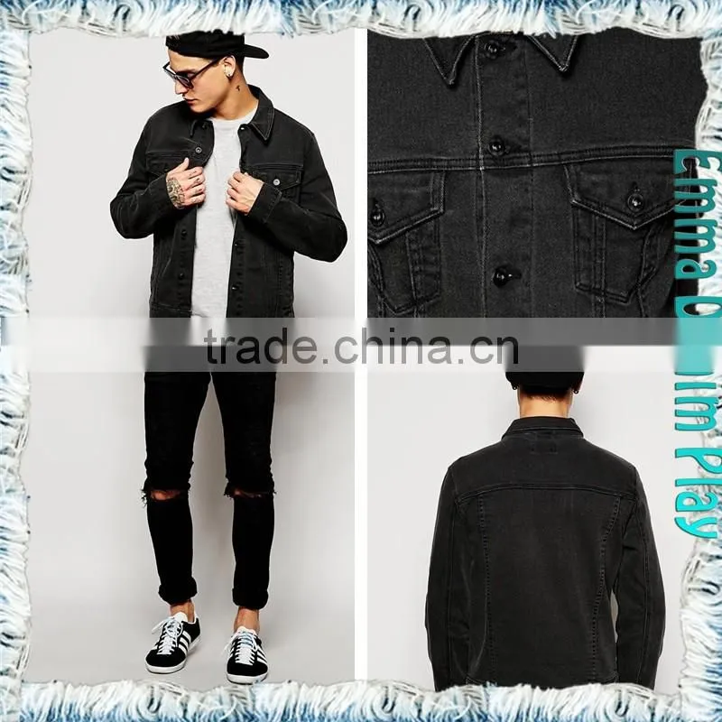 2016 Hot Style 100% Cotton Stone Wash Vintage Black Denim Mens Chic Jackets