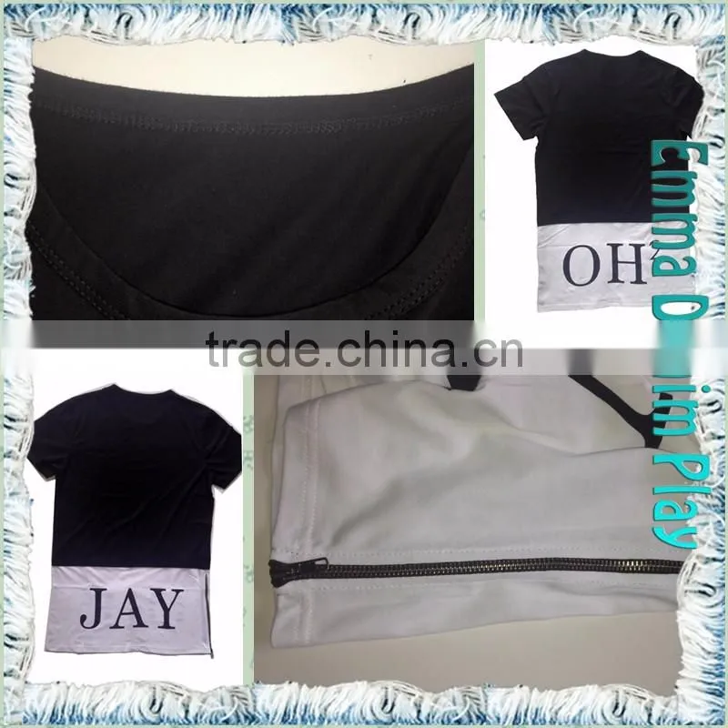 Mens Black White Two Tone Elongated T Shirt with Zipper