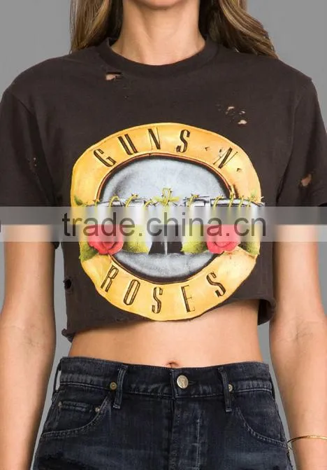 intentional holes throughout raw cut hem crop t-shirts