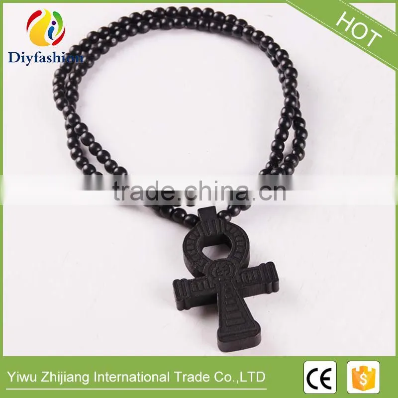 wooden hip hop cross pendant with rosary beads chain men's jewelry