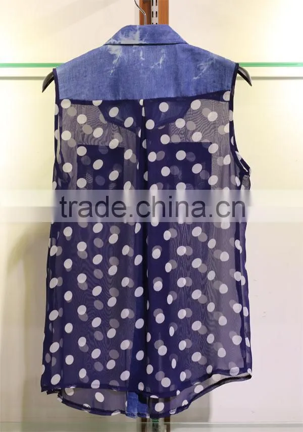 Sleeveless chiffon tops with white polka dots for women
