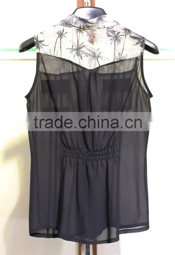 fashion style model design coconut tree printed black and white sleeveless chiffon blouse