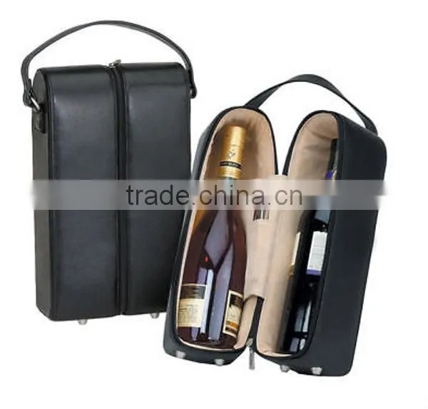 black leather padded red white dual wine 2 bottles leather wine carrier