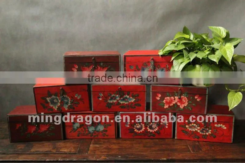 Chinese antique furniture red pine wood painting box