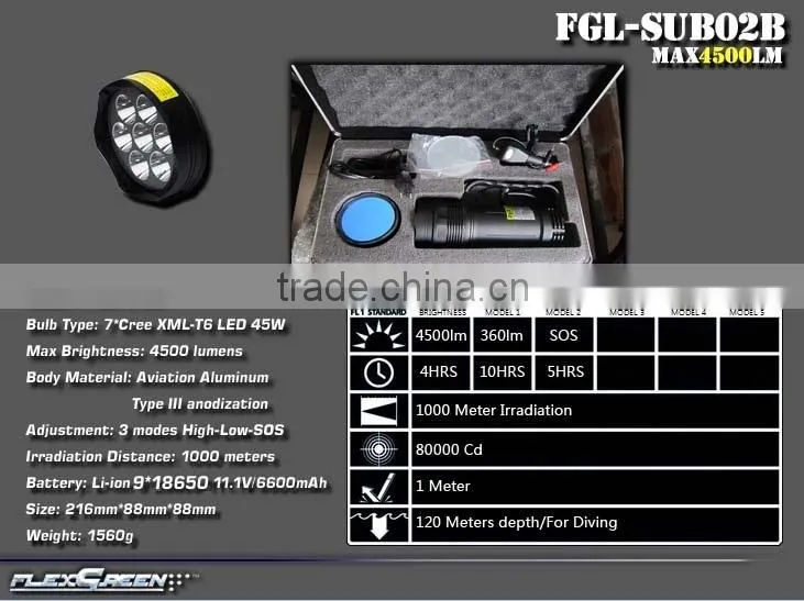 4500lumen rechargeable 7 xml T6 led diving flashlight