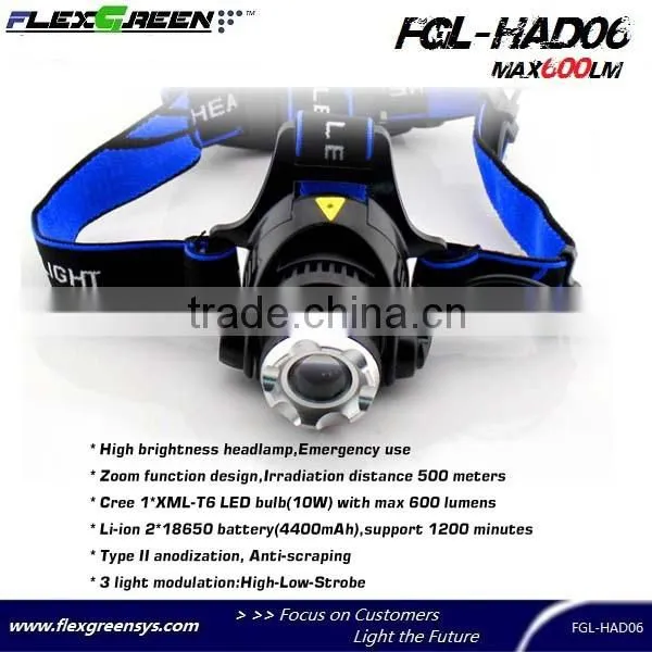 rechargeable 2 18650 10w T6 led aluminum headlight