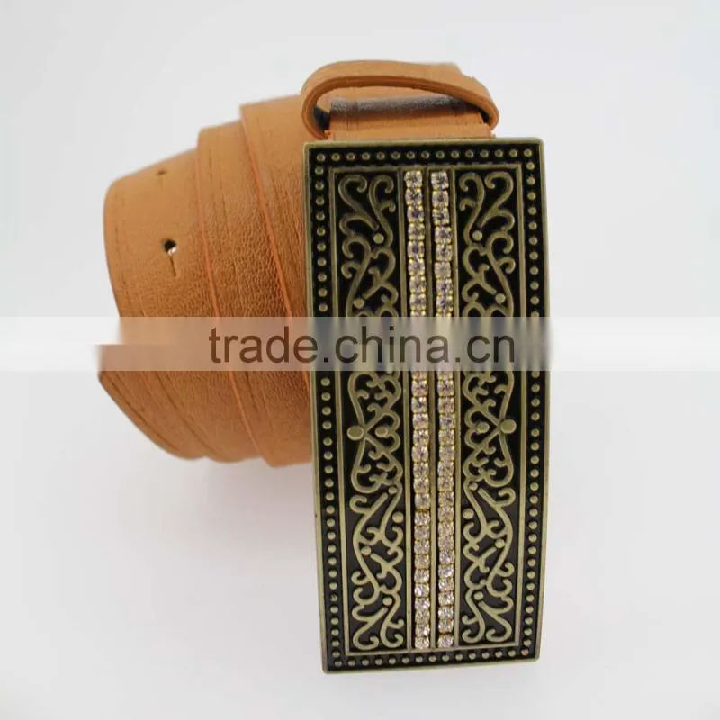 2015 Vintage Style women's fashoion brand PU belt with shiny rhinestone BIG buckle