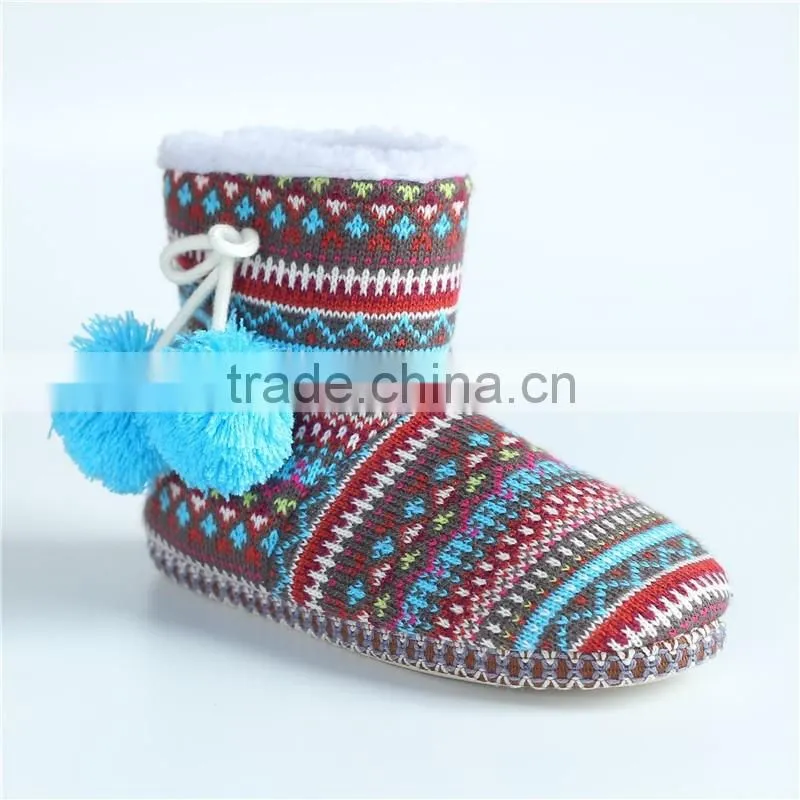 Ladies slipper knit boots with pompom