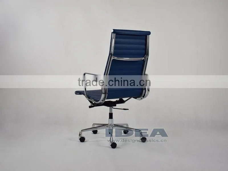Replica Charles and Ray High Back Ribbed Aluminum Group Desk Chair - Blue Color Genuine Leather