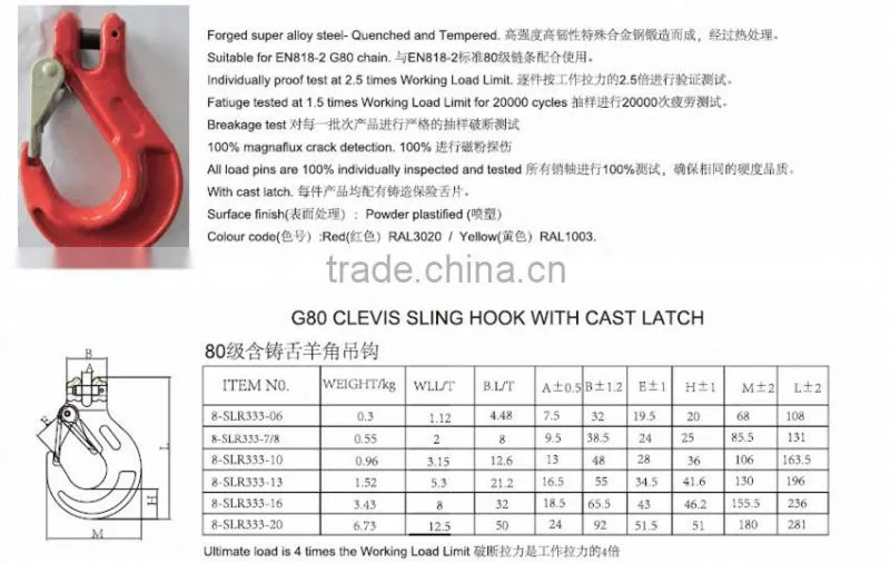G80 Clevis Chain Hook With Latch/Self-Locking Hook