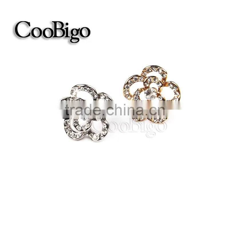Fashion Jewelry Rhinestone Camellia Cuff-Link Gold Silver Unisex Party Gift Promotion Apparel Accessories