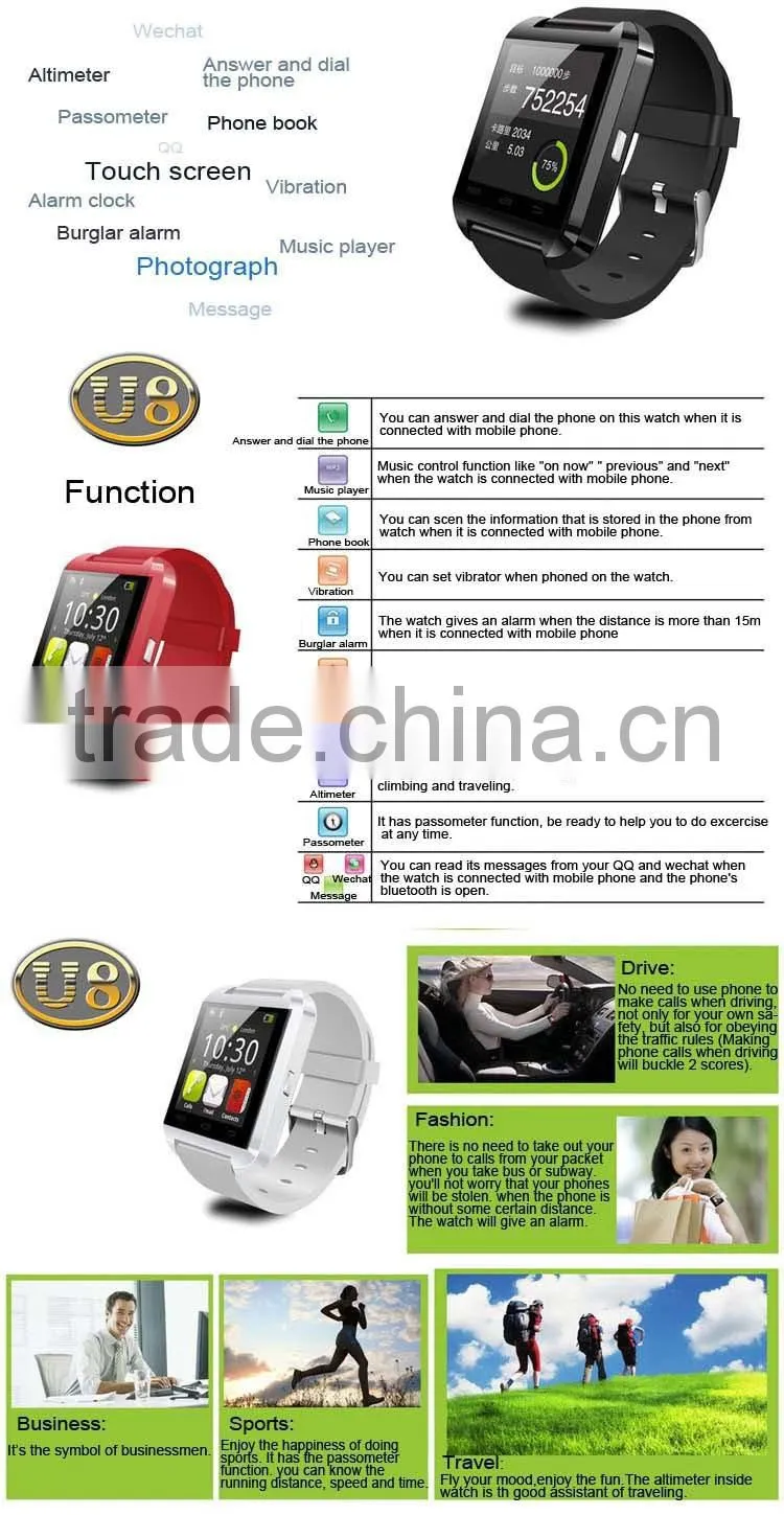 Smart Bluetooth Watch MTK WristWatch Watches U8 U Watch for iPhone 4/4S/5/5S Samsung S4/Note 2/Note 3 Android Phone Smartphones