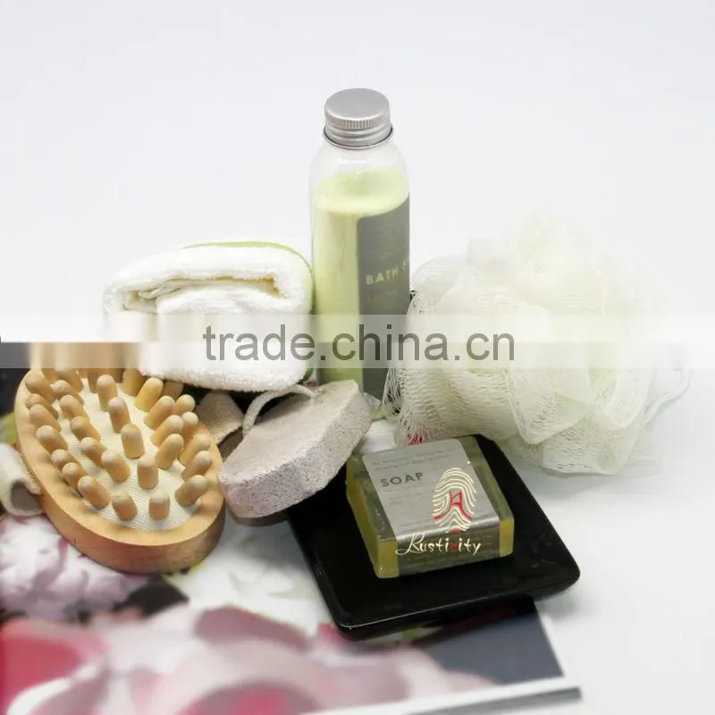 2014 hot sale natural luxury aroma spa bath gift set with wooden massager