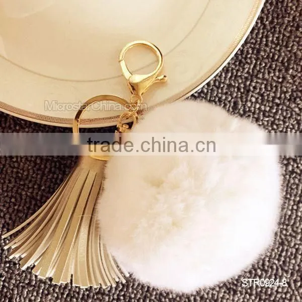 Promotion In Stock Rabbit Fur Ball Leather Tassel Key Chain