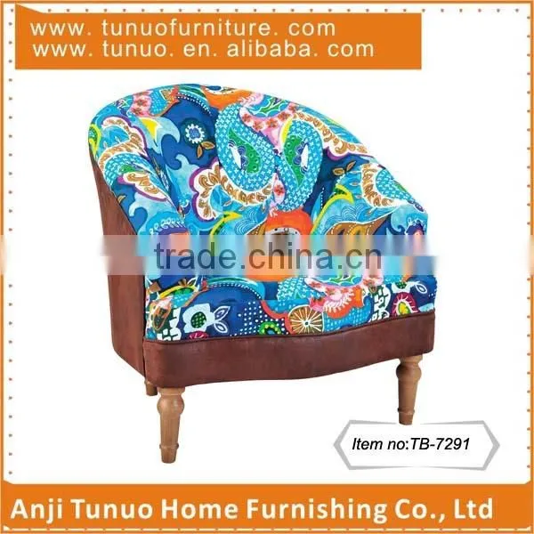 TB-7291, Relax sofa chair, Accent coffee chair with Flower pattern fabric and Gourd rubber wood legs