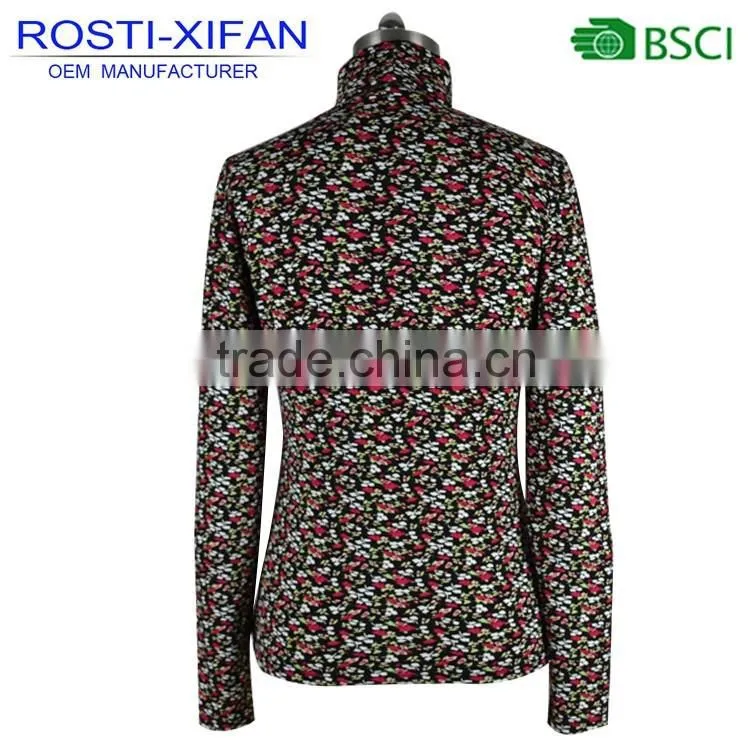 Lady Custom Flowers Printed Turtleneck Blouse Long Sleeve