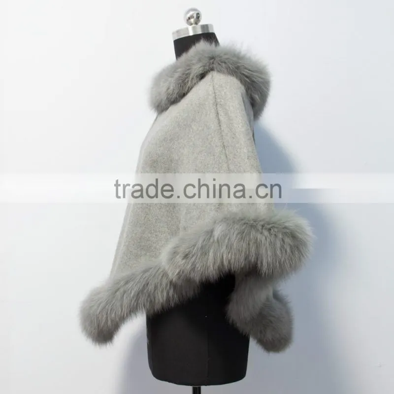wholesale fashion cashmere cape with fox fur trim 201601