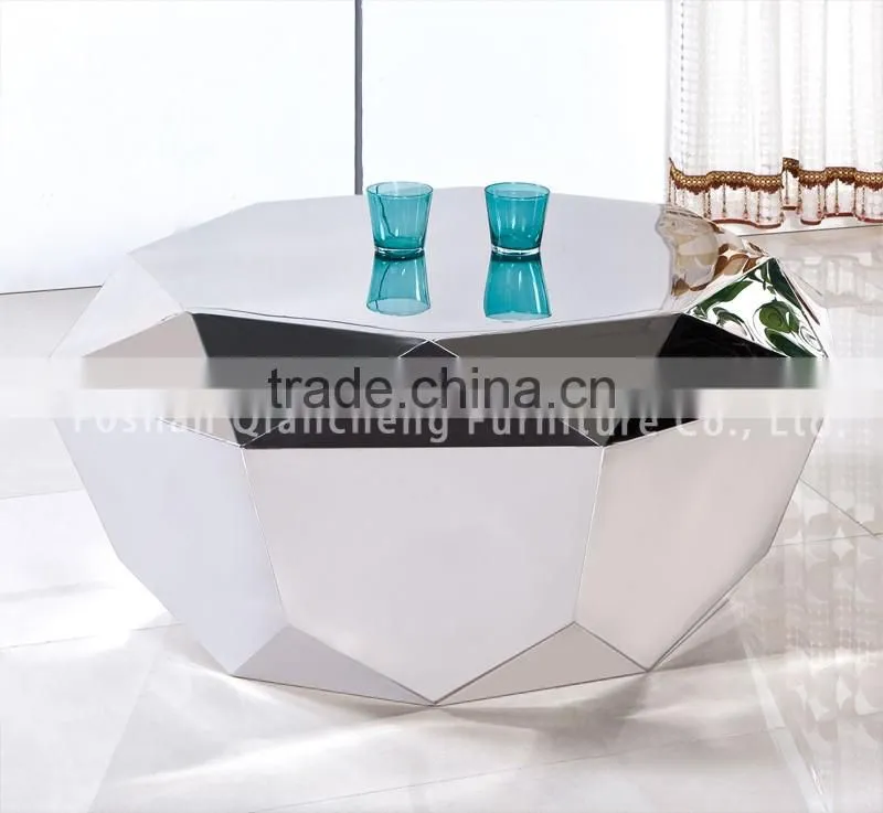 polyhedron mirror silver stainless steel coffee table