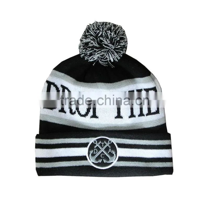 Winter pomfashion black custom beanie with embroidery logo