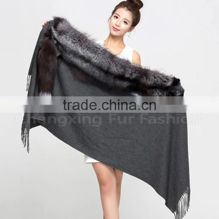 CX-B-P-53B Tassels Decoration Women's Fashion Fox Fur Trim Pashmina Shawl