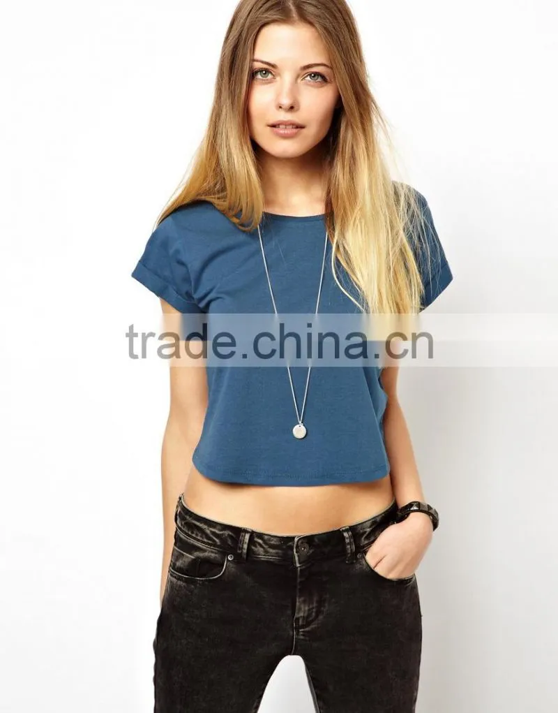blank crop tops short t shirts with roll sleeve