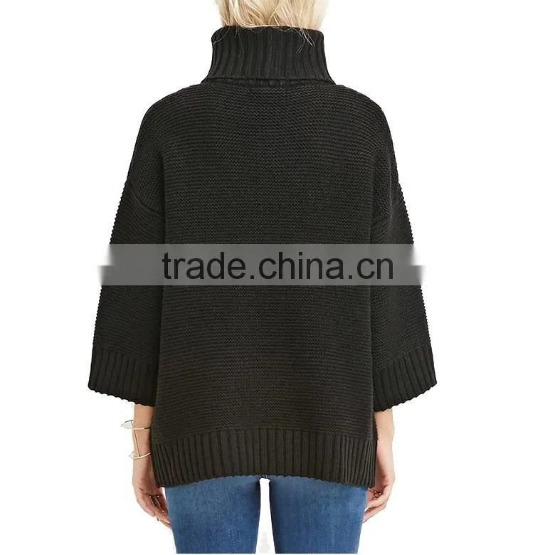 loose 3/4 sleeve acrylic roll neck rib-knit neckline fancy sweaters for women