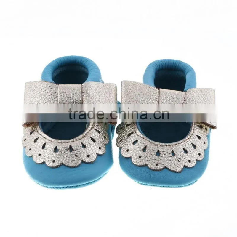 Two color matching leather moccains for baby girls, lovely baby girl leather shoes
