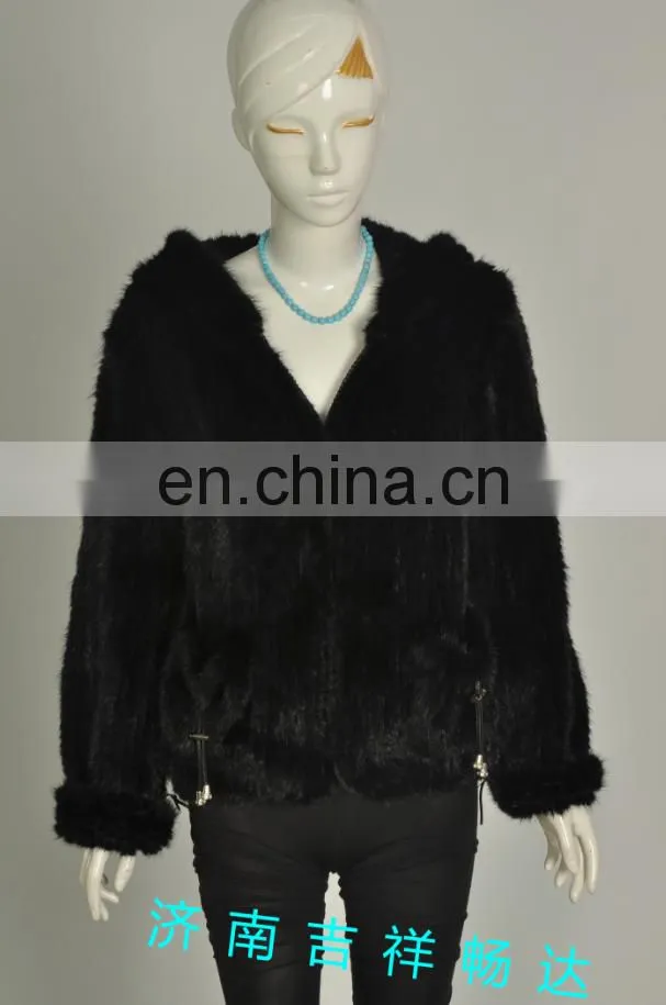 Knitted mink fur coat with hood North American Canada style Bomber jacket