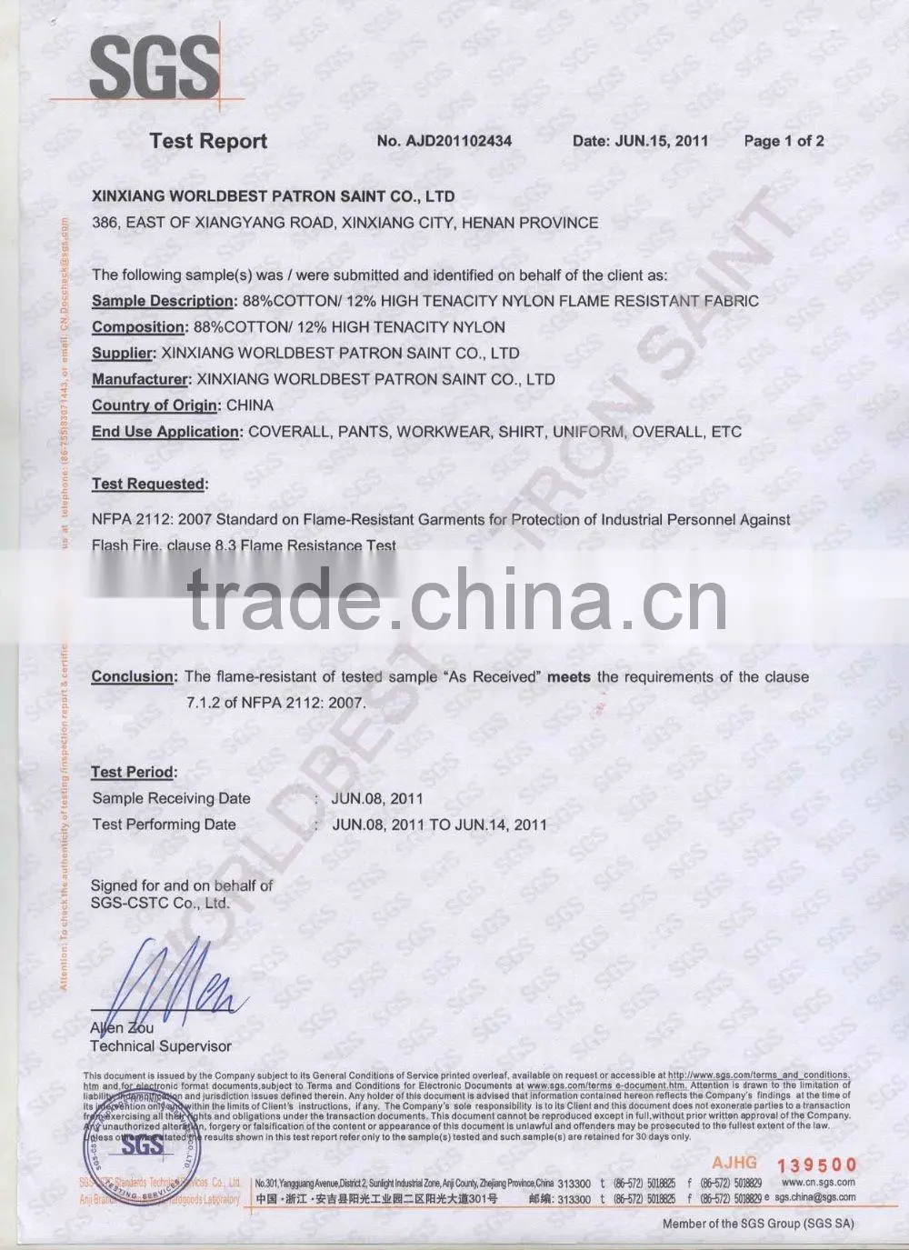 100% cotton Flame resistant and antistatic fabric for safety clothes