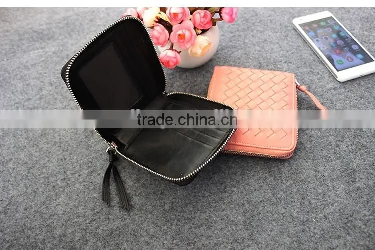 New woven sheep skin ladies leather wallet with zipper leather short wallet for women