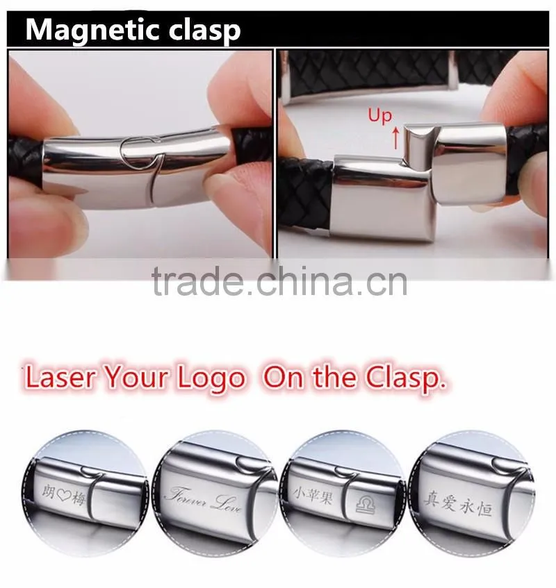 Customized logo clasps for leather bracelets bio magnetic bracelet genuine mens handmade braided leather bracelet