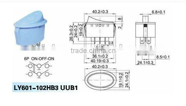 Oval on off on mini rocker switch with six pins