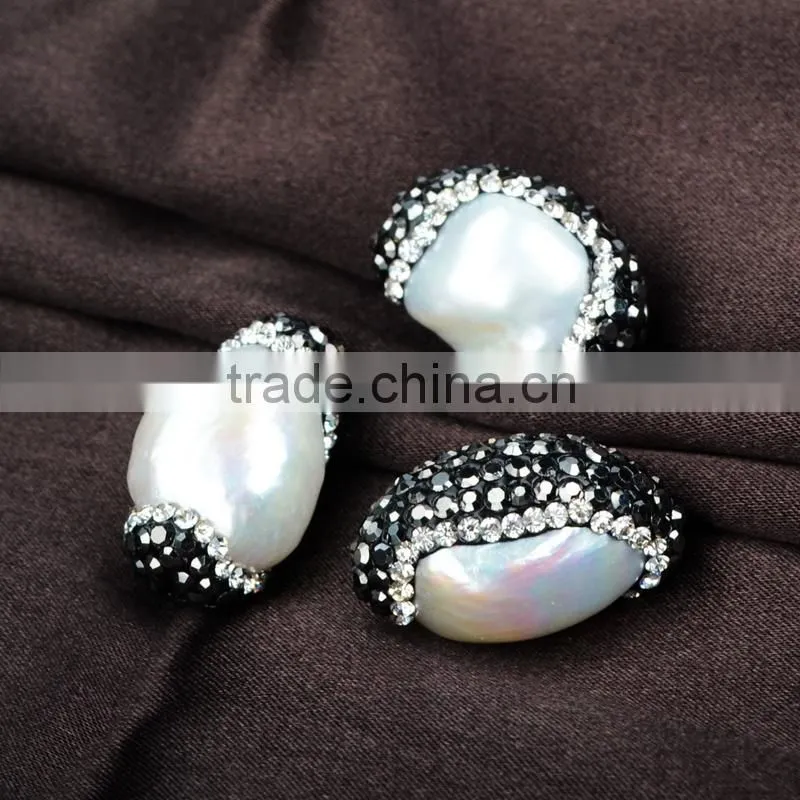 Fresh water pearl jewelry, fashion pearl beads with CZ, zircon pave jewelry beads with hole
