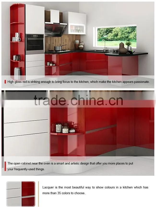 Kenya Exhibition Red Lacquer Cupboard MDF Wooden Kitchen Cabinet