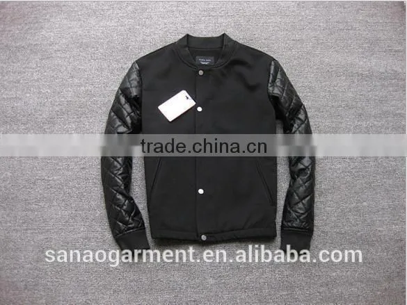 2015 casual men's splicing imitation leather sleeve baseball jacket