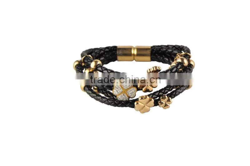 Charm Stainless Steel Black Leather Bangle Gold Plating 316L Leather Bracelet With Gold Ball and Flowers