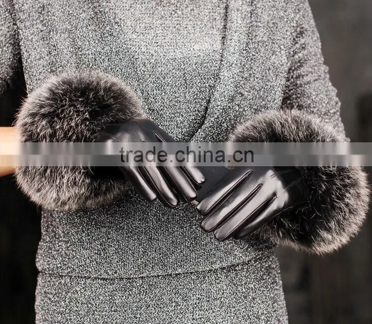 ZF0419 Ladies fashion real fox fur leather gloves in winter