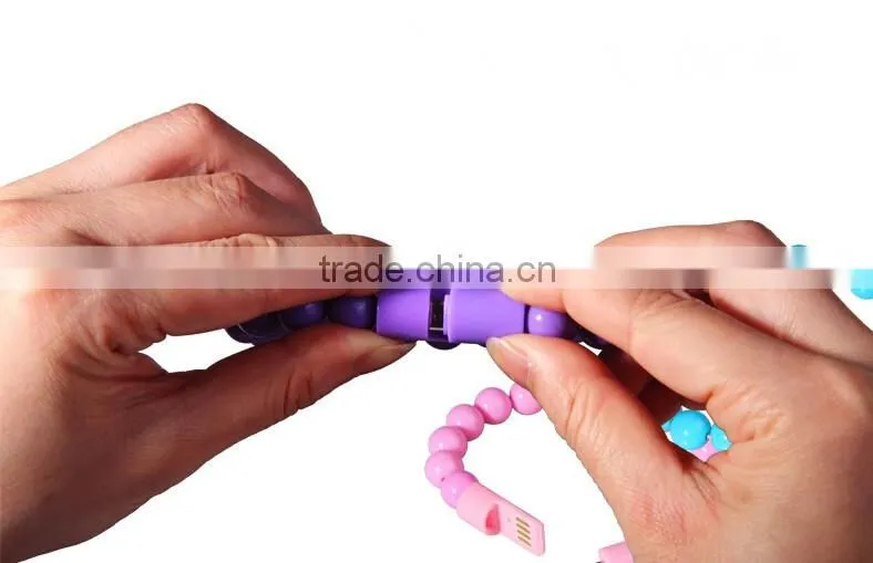 Candy Color Wearable Bracelet Wrist Pearl Micro USB cable&8pin Cable for iPhone5/6