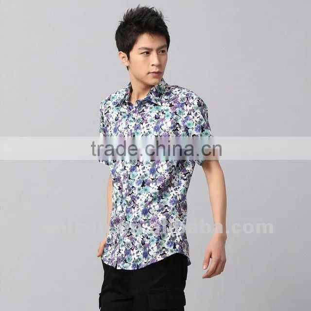 Latest 100% cotton floral short sleeve Italy style popular men's printed satin shirts