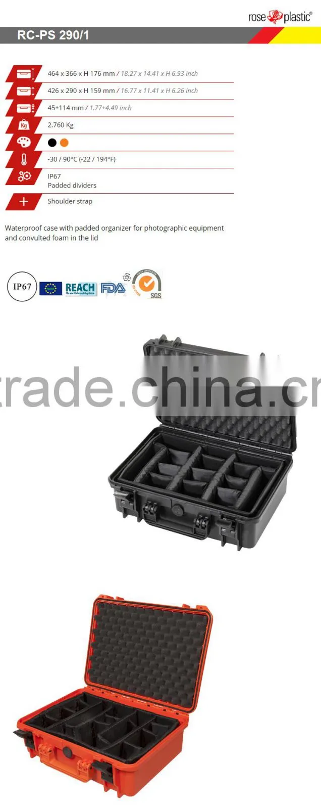 Hard durable solid handheld components box packaging with grid case with IP67 waterproof RC-PS 290/1