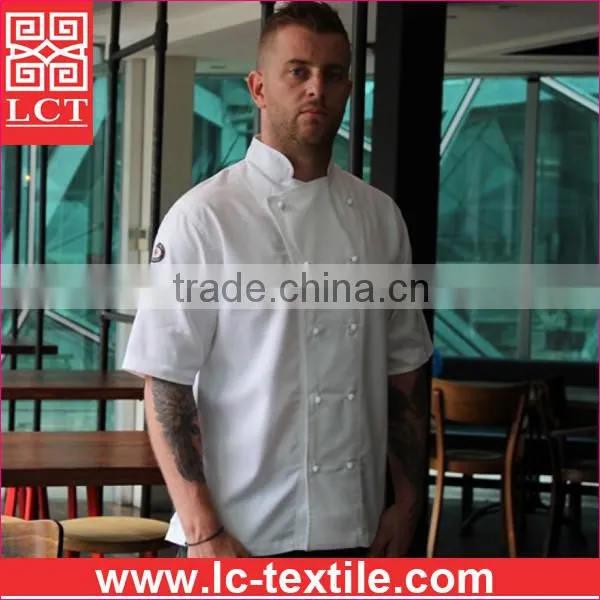 supply twill weave gabardine for long lasting wear short sleeve chef uniform equipped with 10 stud buttons(LCTU0021)