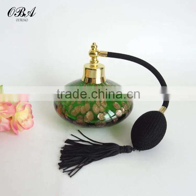 Mouth Blown Golden Spot Deco Glass Air Bag Perfume Bottles / 100ml Green perfume spray packaging gasbag spray pump