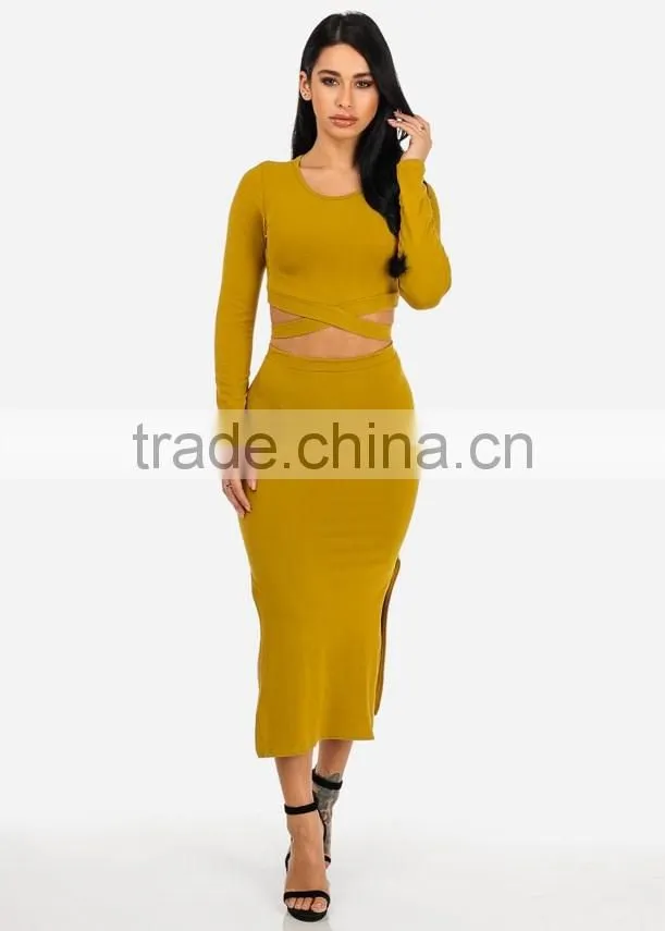 Alibaba Suppliers Bulk Apparel Spring Women Dresses Sexy Mustard Two Piece Long Sleeve Knee Length Bodycon Midi Dress Set